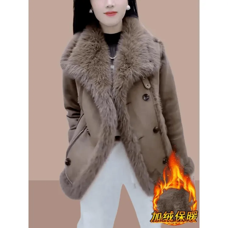 美拉德皮毛一体绒外套女士冬季2025年新款时尚衣加厚服