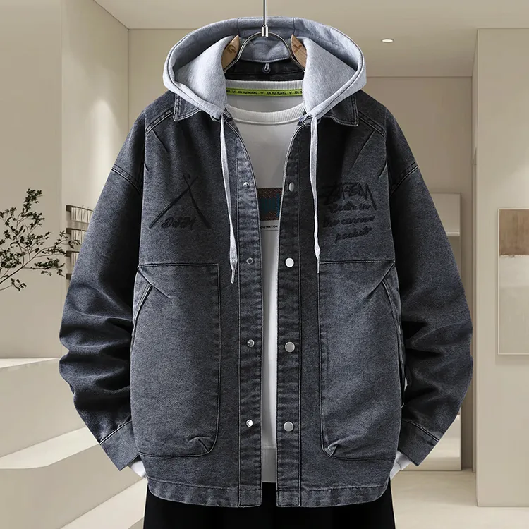 2025秋季新款连帽夹克外套男可拆卸帽水洗牛仔夹克男士牛仔上衣潮