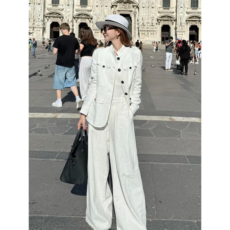 秋季新款韩系穿搭干练气质高级感大方得体又酷又飒老钱风白色套装