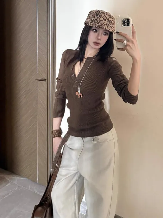 美式复古辣妹修身针织毛衣长袖女早秋亨利领纽扣美拉德内搭上衣潮