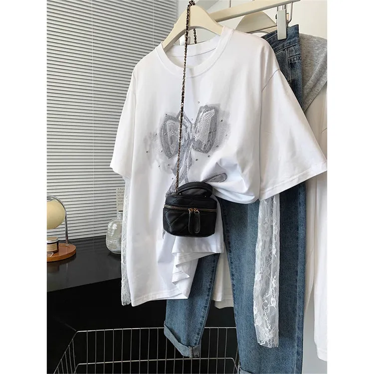 假两件宽松小个子蝴蝶结蕾丝拼接烫钻长袖T恤女白色内搭大码