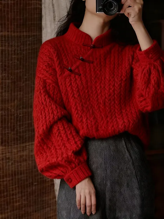 新中式国风红色立领盘扣泡泡袖厚毛衣新年本命年气质针织衫2026新
