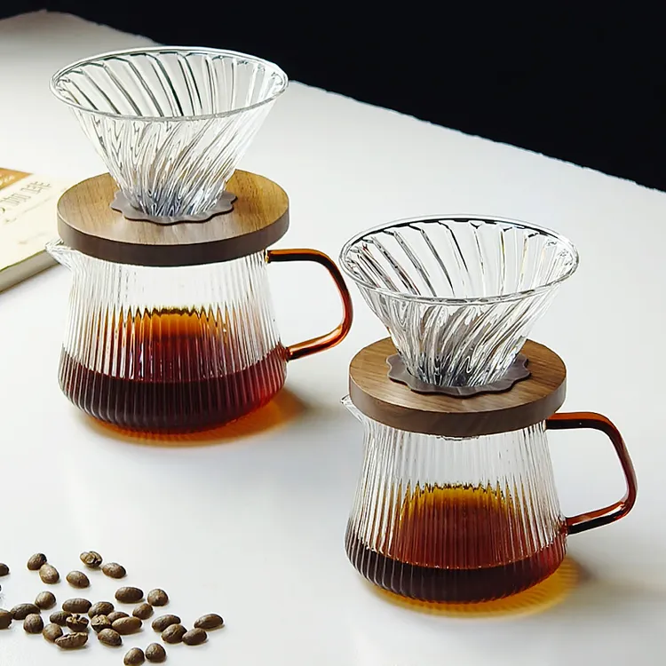 手冲咖啡壶竖纹分享壶v60咖啡过滤杯漏斗耐热玻璃咖啡过滤器具