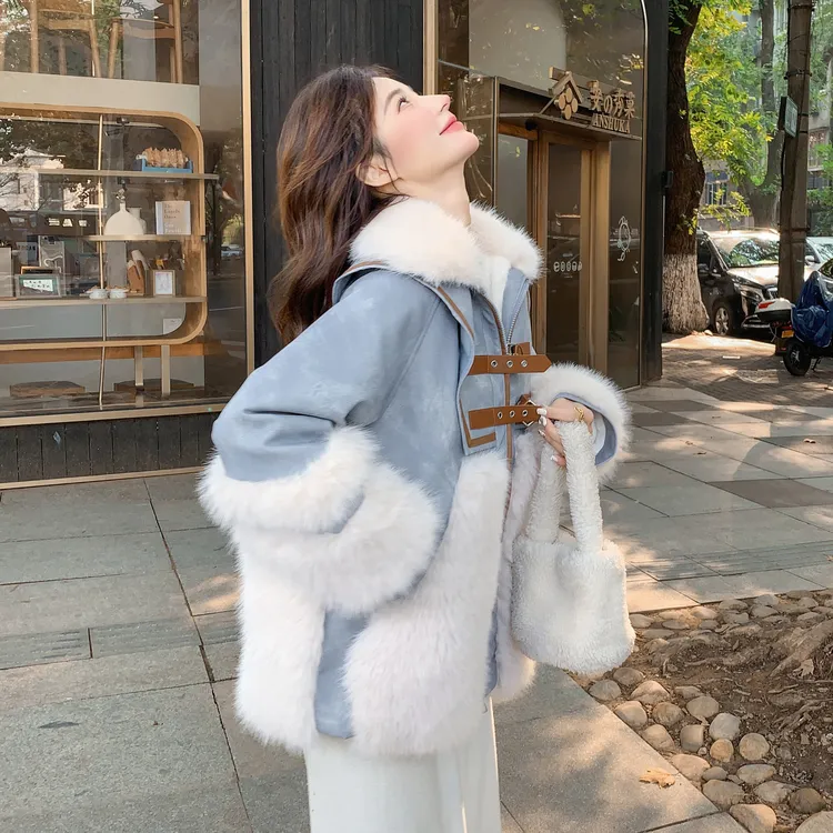 兔毛拼接牛仔加绒加厚派克服冬季外套女款爆款2025新款爆款短上衣