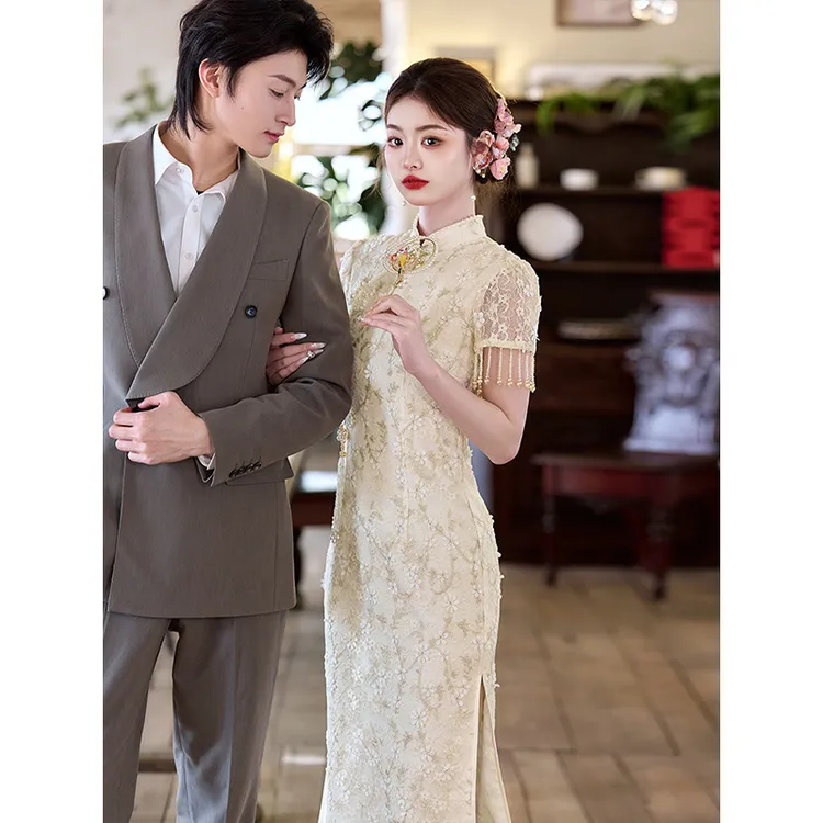 新中式香槟色蕾丝旗袍敬酒服订婚礼服新娘回门便装领证登记连衣裙