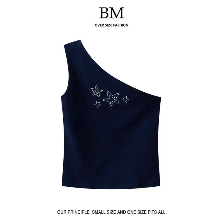 BM Fashion夏季辣妹五角星烫钻单肩背心bm修身斜肩设计感吊带上衣