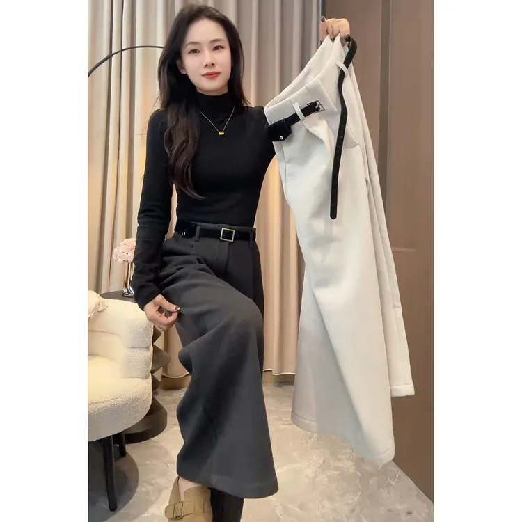 2025冬季新款韩版简约高级感加绒休闲阔腿裤女宽松显瘦百搭直筒裤