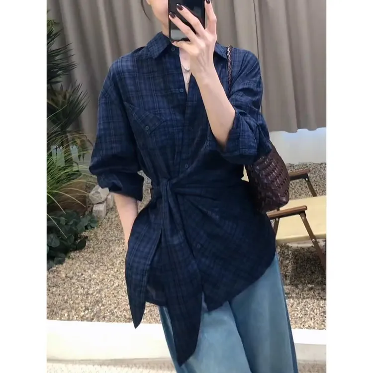 女士格子长袖衬衫2025早秋季新款高级感复古减龄收腰显瘦系带上衣