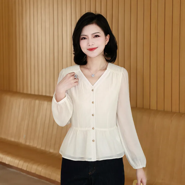 枫竺女装阿楠anan法式v领正肩收腰长袖衬衫上衣女秋季气质衬衣