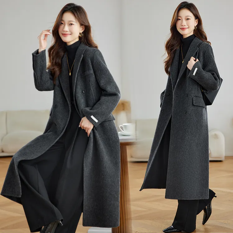 双面羊绒大衣女2025春秋新款高级感深灰色直筒正肩直角肩毛呢外套
