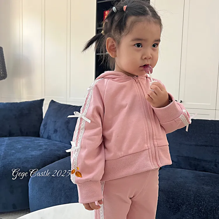 韩版童装2025新款秋季女童蝴蝶结连帽卫衣外套针织喇叭裤两件套潮