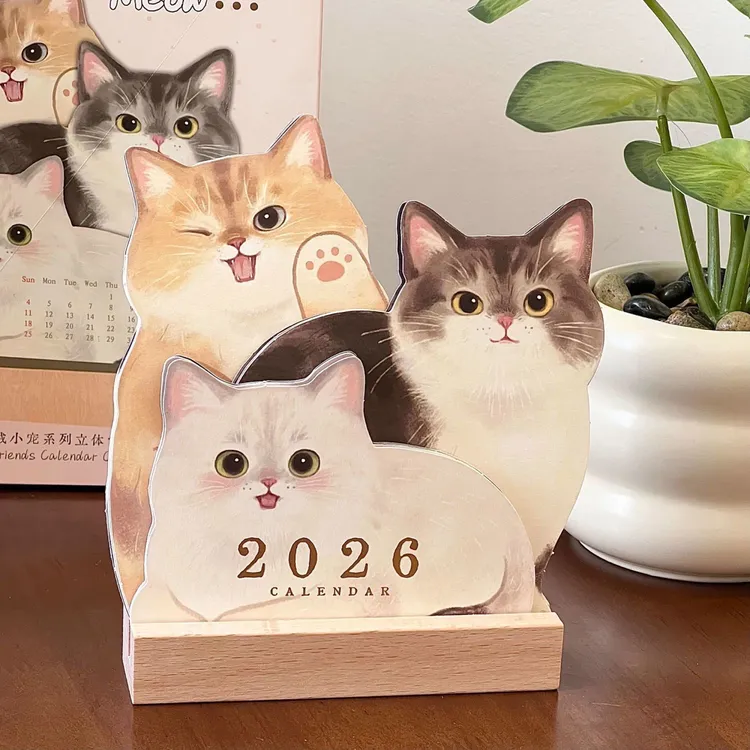 2026毛茸茸小猫立体台历可爱猫咪日历高颜值少女心木质桌面摆件
