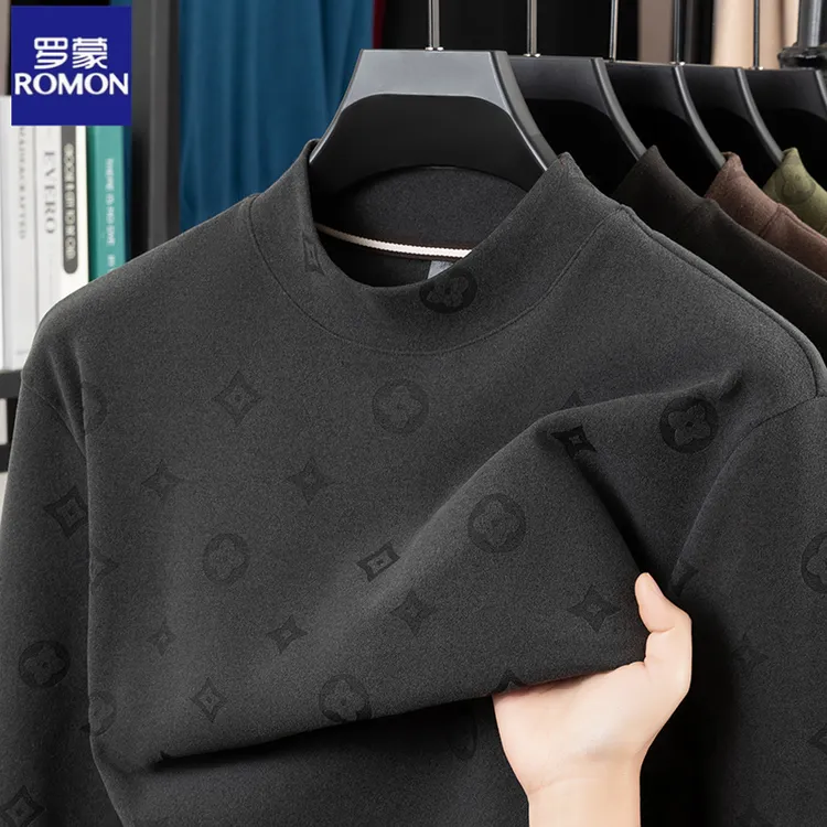 罗蒙秋冬双面德绒卫衣男士半高领韩版老花T恤磨毛上衣保暖打底衫