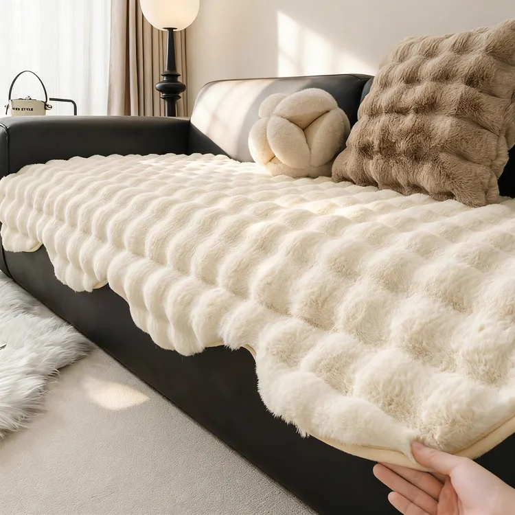 一片式加厚奶油风兔毛绒沙发座垫2025冬季新款固定防滑沙发坐垫子