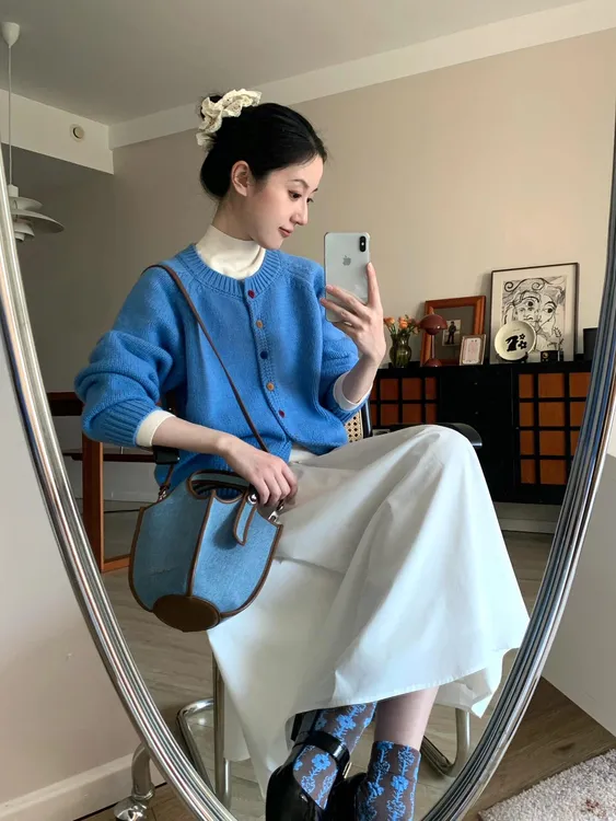【海盐奶咖】秋冬气质韩系高级感蓝色针织开衫减龄打底衫半身裙套装