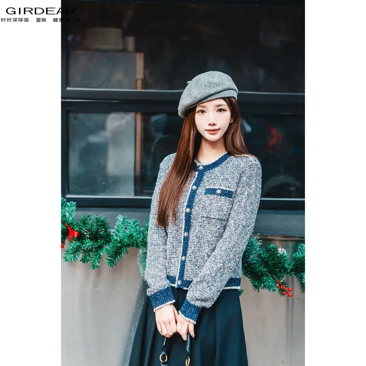 GIRDEAR/哥弟早春新款气质小香风短款长袖针织开衫毛衣圆领148068