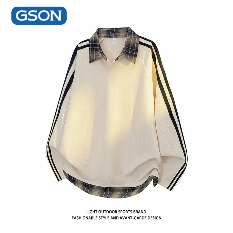 GSON秋季新款复古宽松假两件肌理感格子拼接长袖T恤情侣潮流上衣