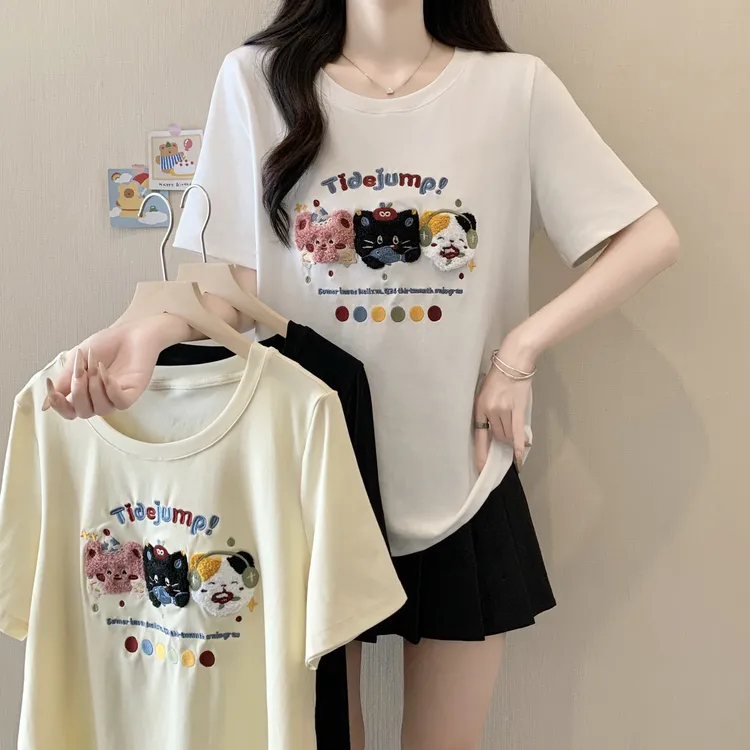大码女装新款卡通设计感刺绣圆领短袖T恤3237