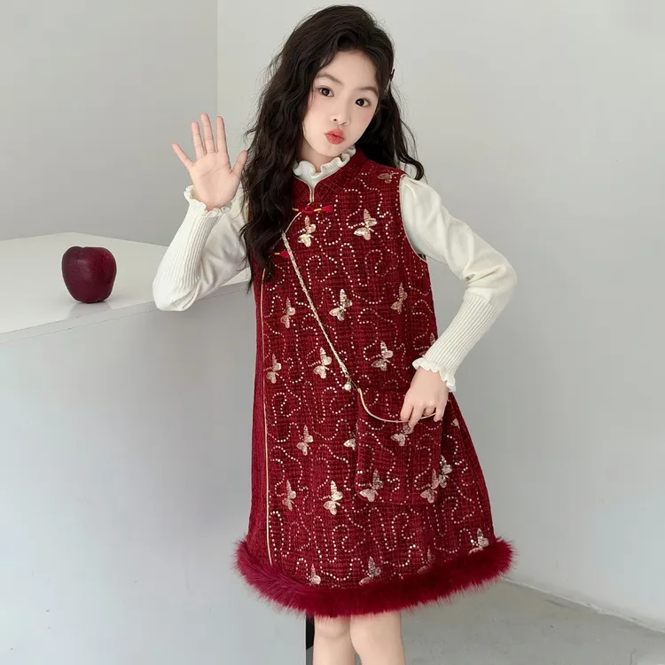 女童加绒连衣裙2025新款女大童冬季加厚新年公主裙儿童年服裙套装