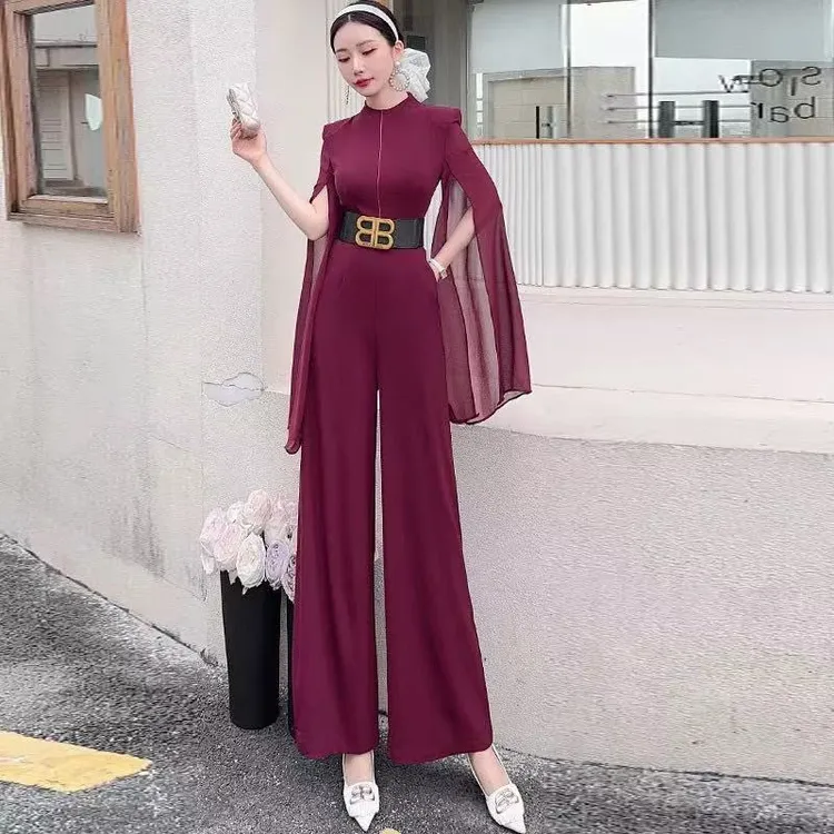 高级蓝女神范气质连衣裙圆领开叉袖高腰修身连体裤61319