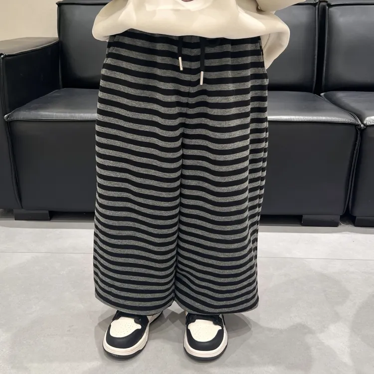 2025冬季新款童裤儿童韩版宽松加绒条纹裤男童百搭厚休闲长裤