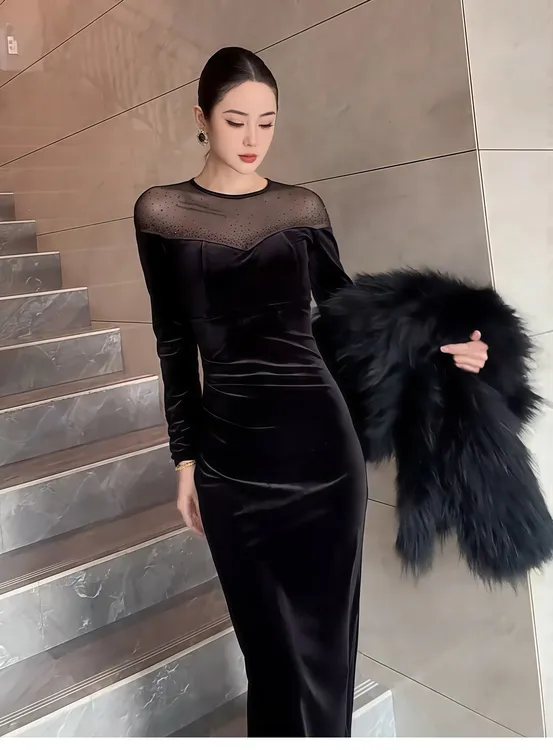 法式气质长袖圆领网纱拼接连衣裙女2025新款秋冬收腰修身包臀长裙