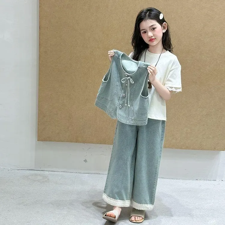 女童夏季三件套2025新款中大儿童夏款洋气短袖牛仔马甲阔腿九分裤