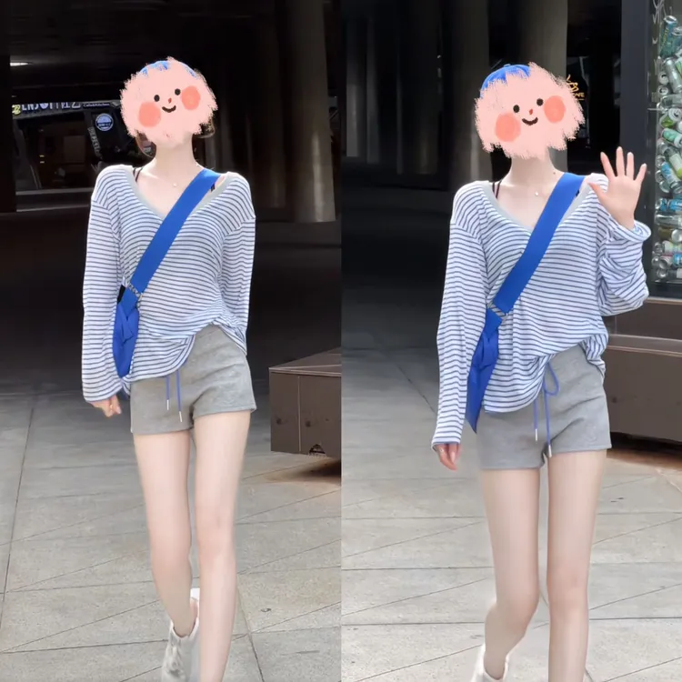 气质辣妹防晒条纹长袖T恤女装2025夏季新款休闲百搭短裤运动套装