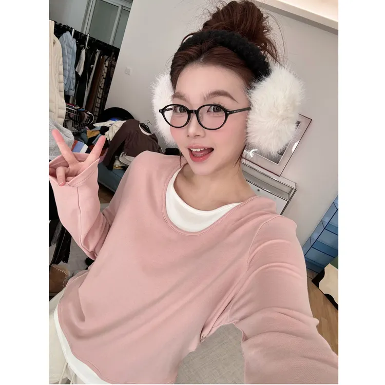 晶咕【独家记忆】简约撞色假两件U领修身长袖内搭上衣