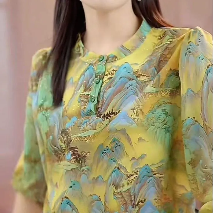 气质时尚中老年女装山水画上衣复古国风妈妈装七分袖薄款套头衫