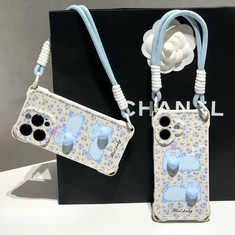 适用蓝翠花狗狗挂绳苹果16pro手机壳华为p70vivoppo小米15软套