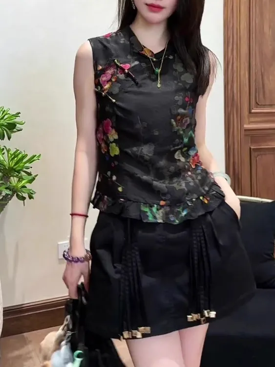 新中式黑色斜襟门印花无袖背心2025年夏季新款女装木耳边拼接上衣
