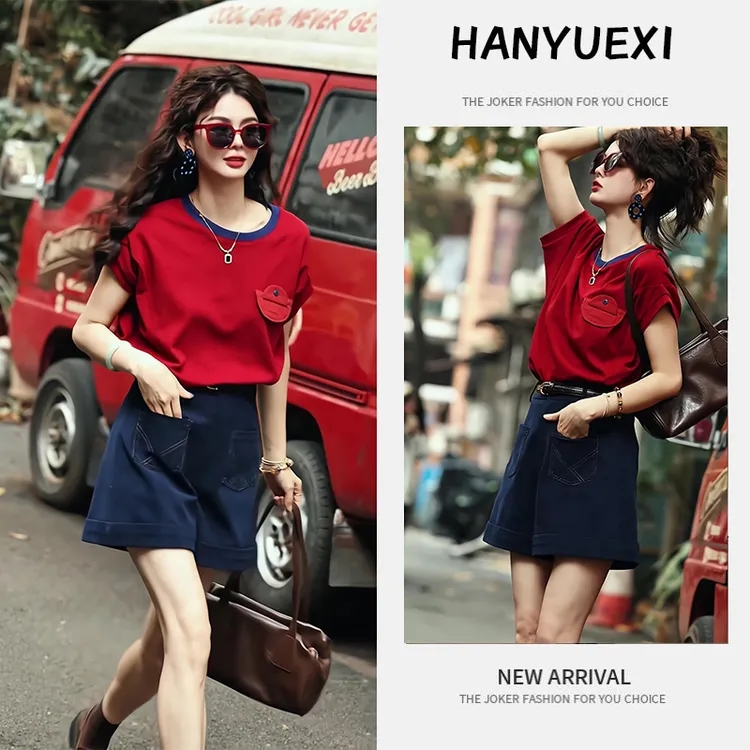 夏季一整套女装2025新款韩版减龄气质显瘦短袖上衣牛仔短裤两件套