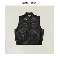  NiannNiann 新品时尚女装进口多口袋立领修身褶皱皮马甲16170