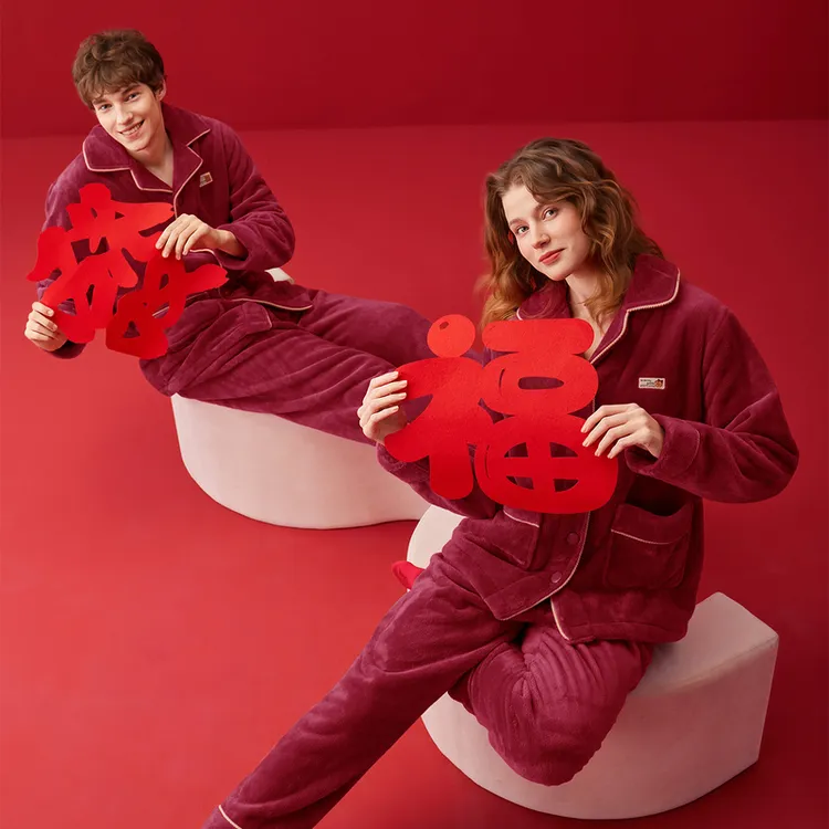 芬腾情侣睡衣秋冬季珊瑚绒套装女士法兰绒加绒加厚男款大码家居服