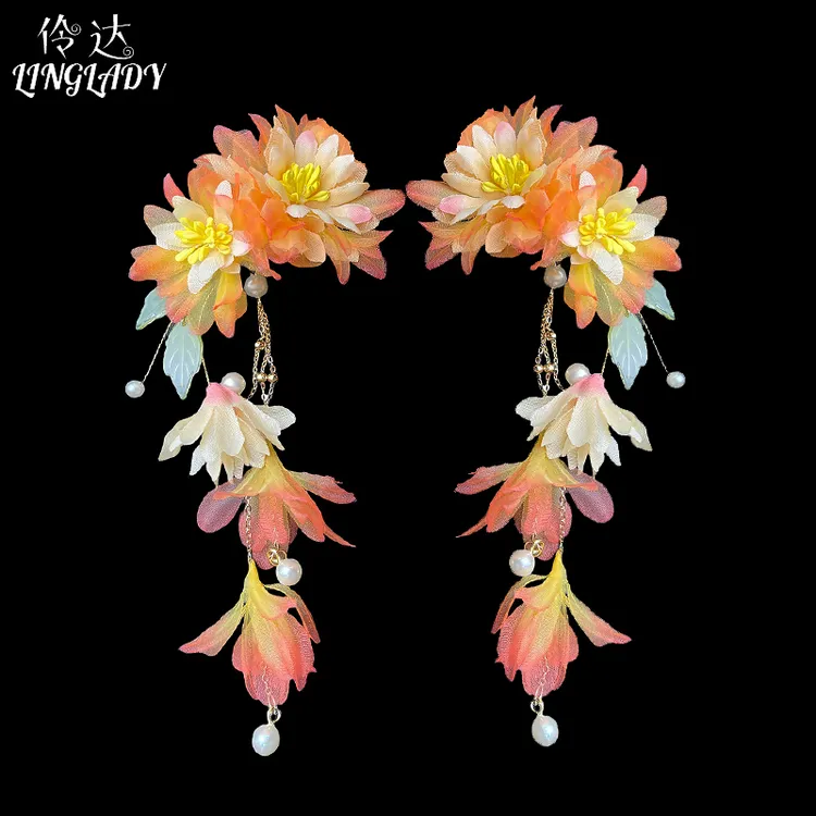 古风花朵发夹仙气薄纱流苏汉服头饰森系侧边夹六一儿童演出对夹