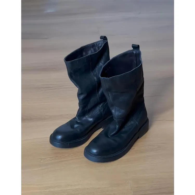 牛皮版~真皮覆古黑色圆头褶皱圆头中筒靴子女堆堆靴英伦风骑行靴