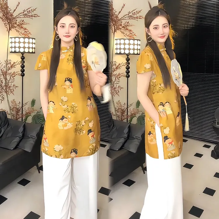 时尚套装女2025夏季新款新中式盘扣旗袍短袖上衣阔腿裤气质两件套
