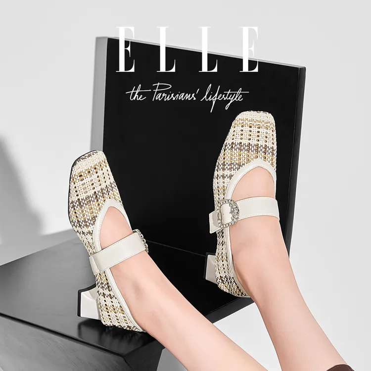 ELLE4.2CM通勤百搭粗跟一字带浅口单鞋女法式简约风镂空玛丽珍鞋 