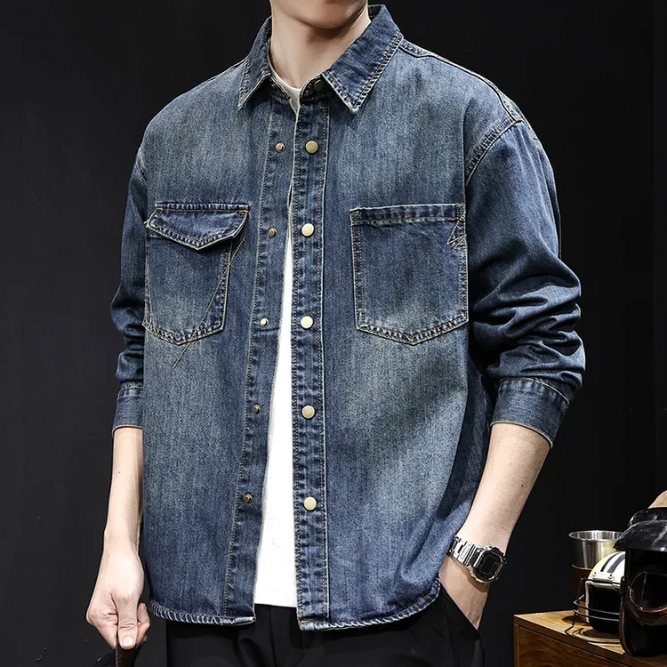 高端潮牌牛仔衬衫男外套春秋新款大码男装休闲宽松衬衣夹克上衣服