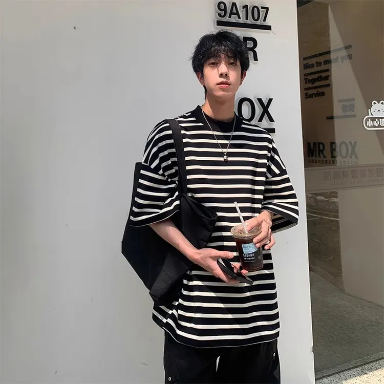 黑白横条纹t恤男320g重磅美式复古小领口短袖高级感情侣日系半袖