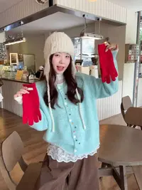 韩版彩扣撞色软糯百搭针织开衫女2025秋冬新款宽松显瘦圆领毛衣潮
