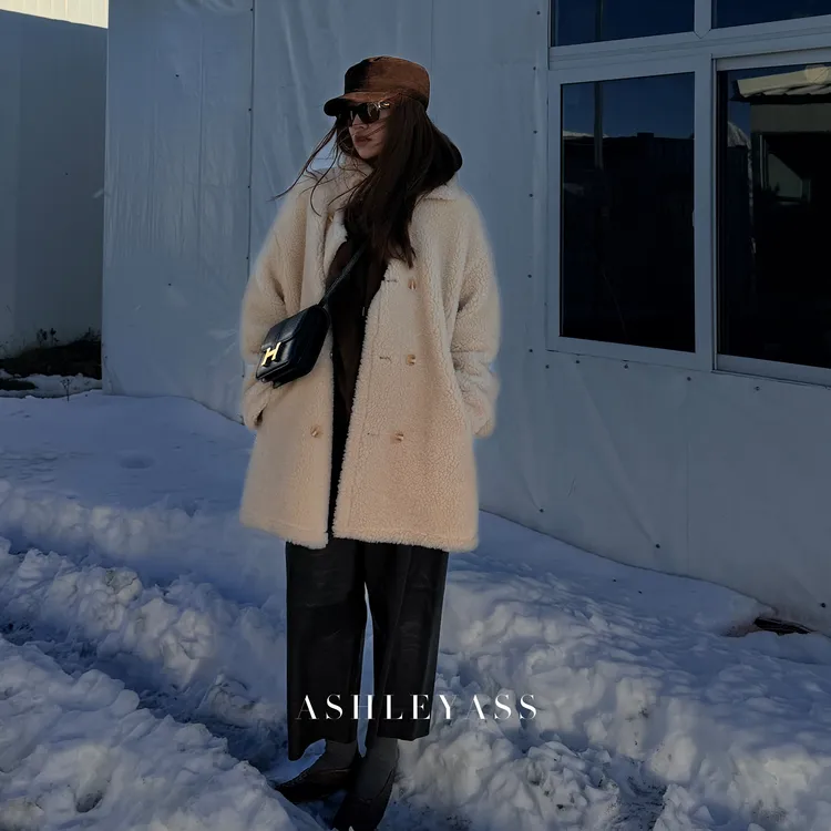 【ASHLEYASS】暖炉“麂皮绒颗粒双排扣立领羊羔毛外套LSE251746S