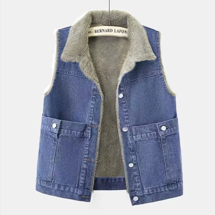 今年秋季新款加绒加厚牛仔马甲女大口袋百搭休闲宽松马夹背心坎肩