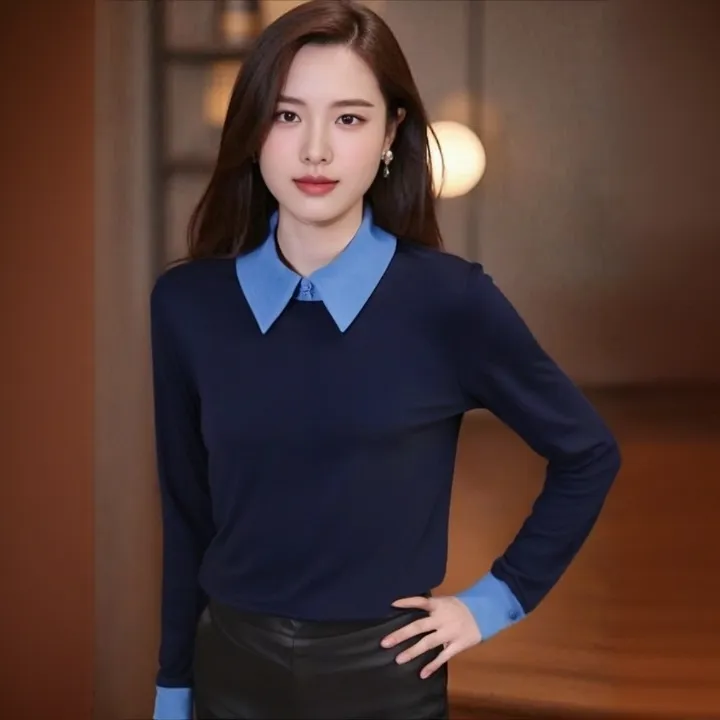 遮肚显瘦打底上衣秋季新款胖MM大码女装洋气Polo领假两件长袖T恤