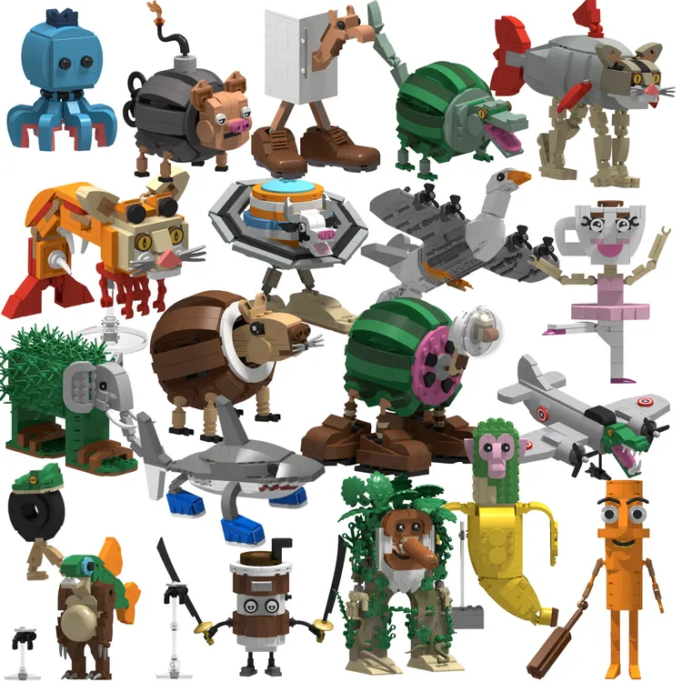 海外AI山海经神兽木棍人鳄鱼战斗机跑鞋鲨鱼抽象创意拼装积木玩具