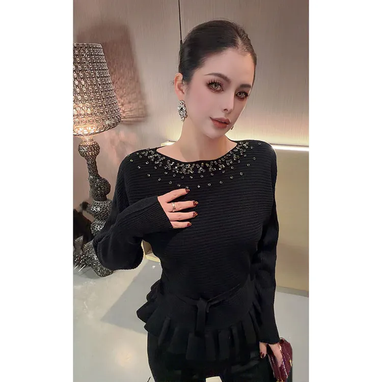 重工一字领蝙蝠袖拼接下摆鱼尾针织长袖上衣CS31529