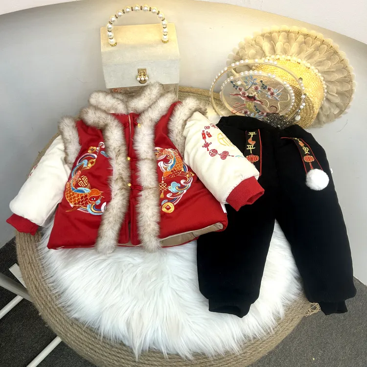 男童拜年服女童喜庆汉服冬装夹棉加厚儿童过年服周岁宝宝礼服套装
