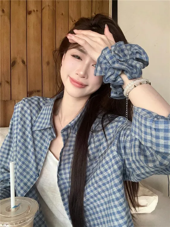 格子衬衫外套女夏季2025新款甜美宽松衬衣百搭小众长袖休闲上衣女