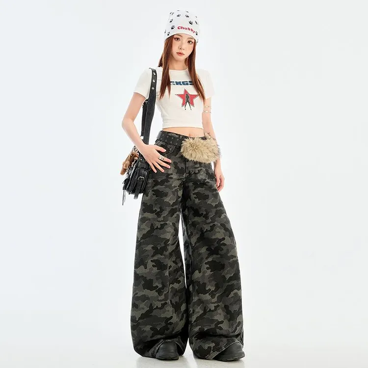 美式迷彩牛仔裤高腰显瘦宽松垂感阔腿拖地裤春夏穿搭不晚迷彩裤
